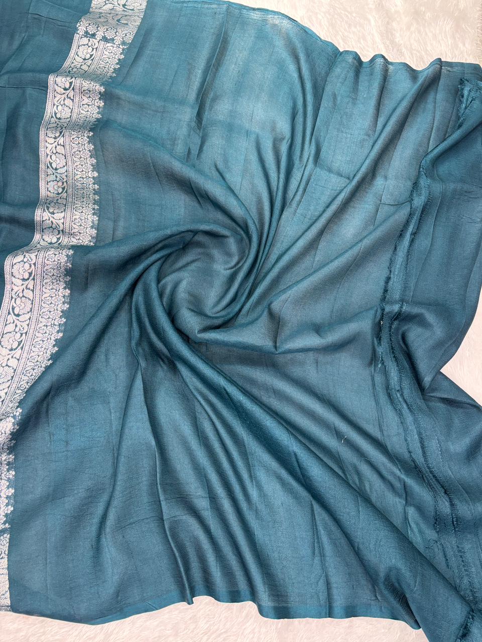 Luxurious Deep Teal Tussar Georgette Banarasi Handloom Saree