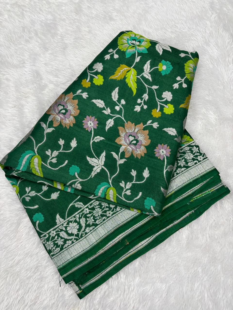 Lush Bottle Green Tussar Georgette Banarasi Saree