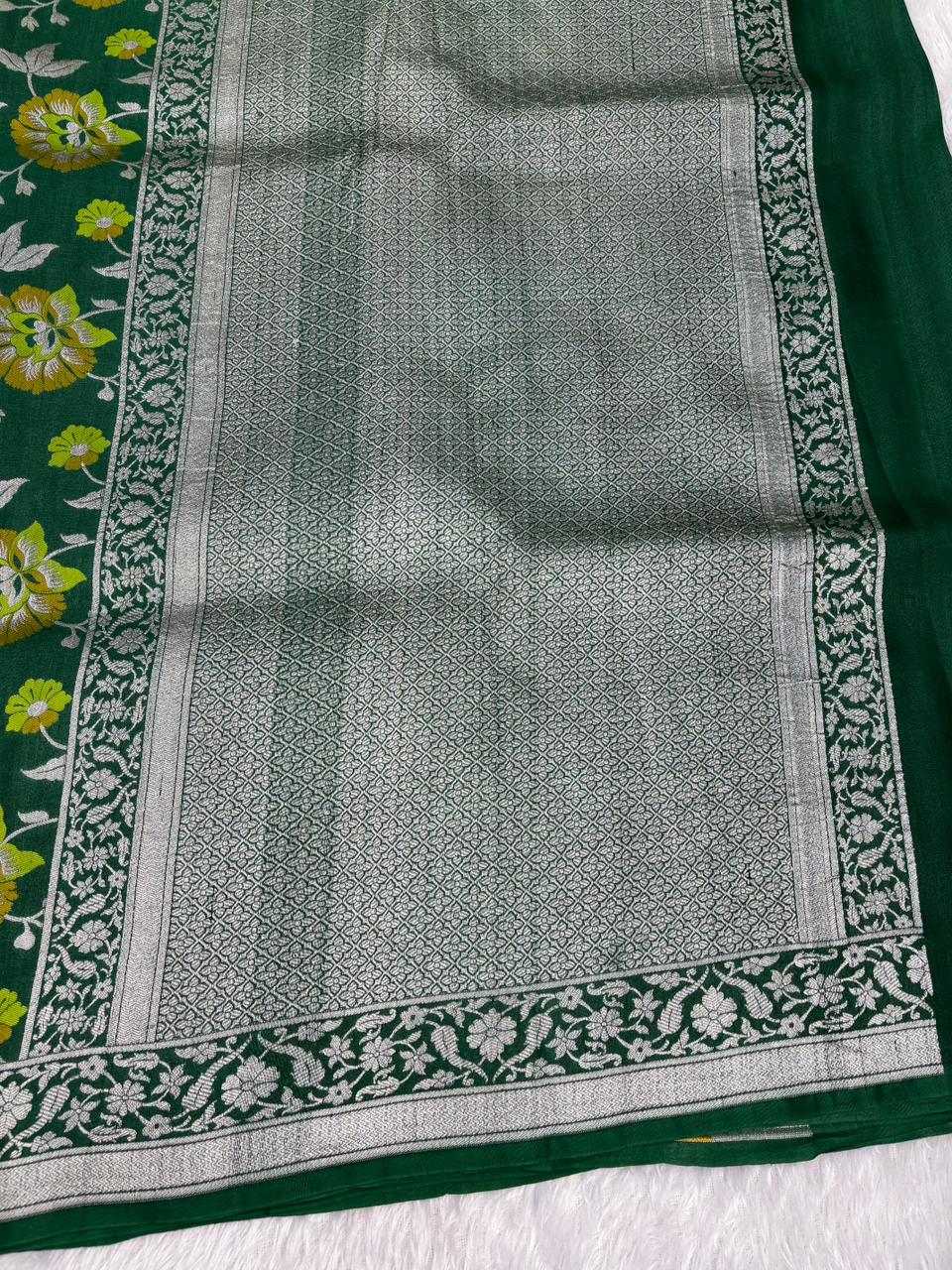 Lush Bottle Green Tussar Georgette Banarasi Saree