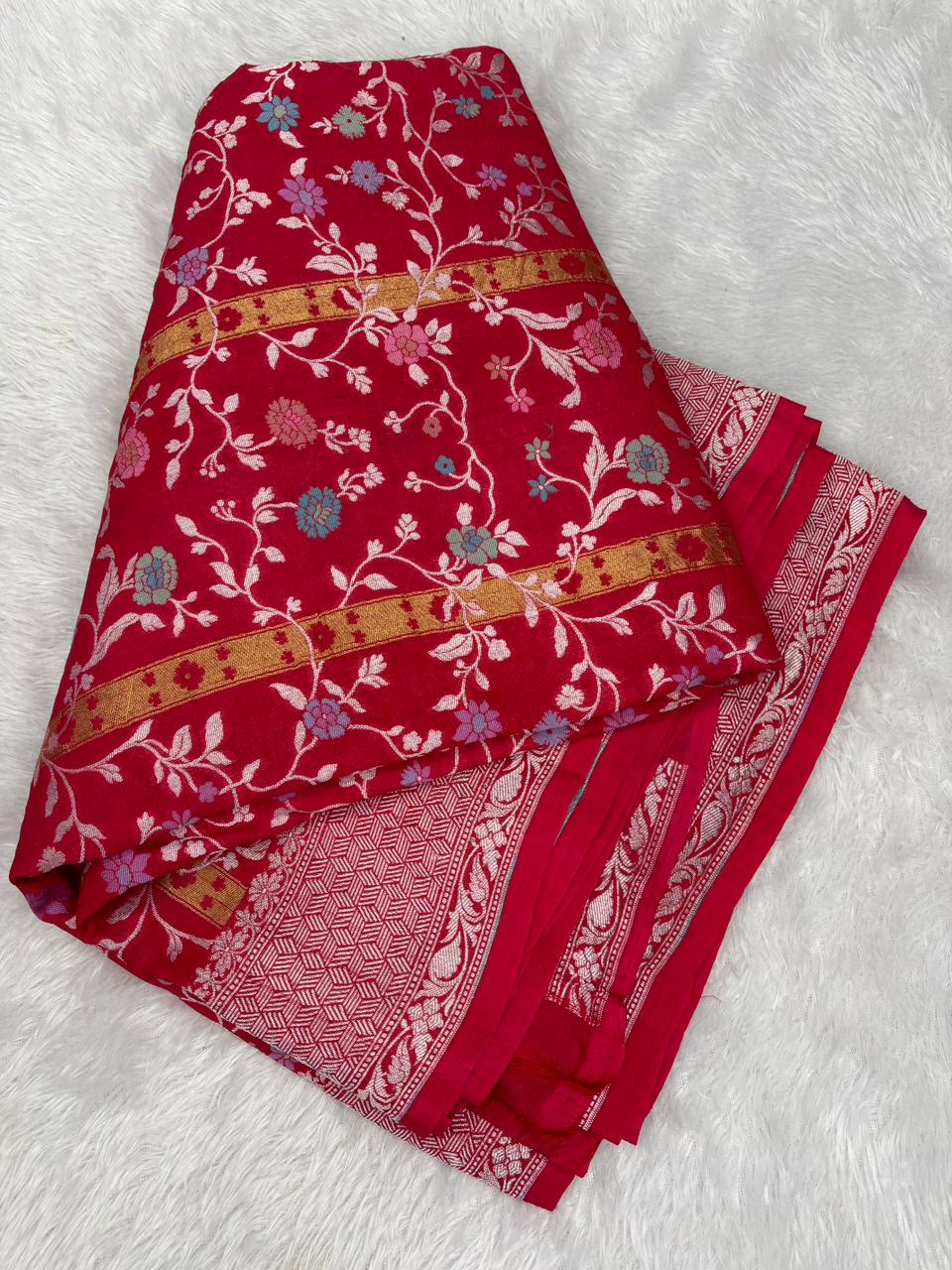 The Textured Symphony: Red Tussar Georgette Handloom Banarasi Saree