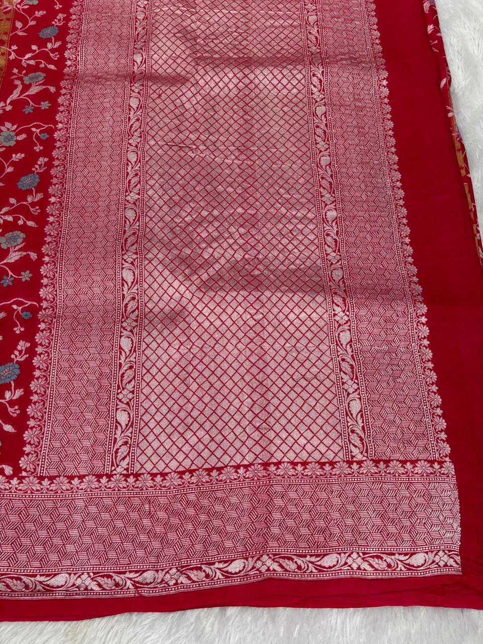 The Textured Symphony: Red Tussar Georgette Handloom Banarasi Saree