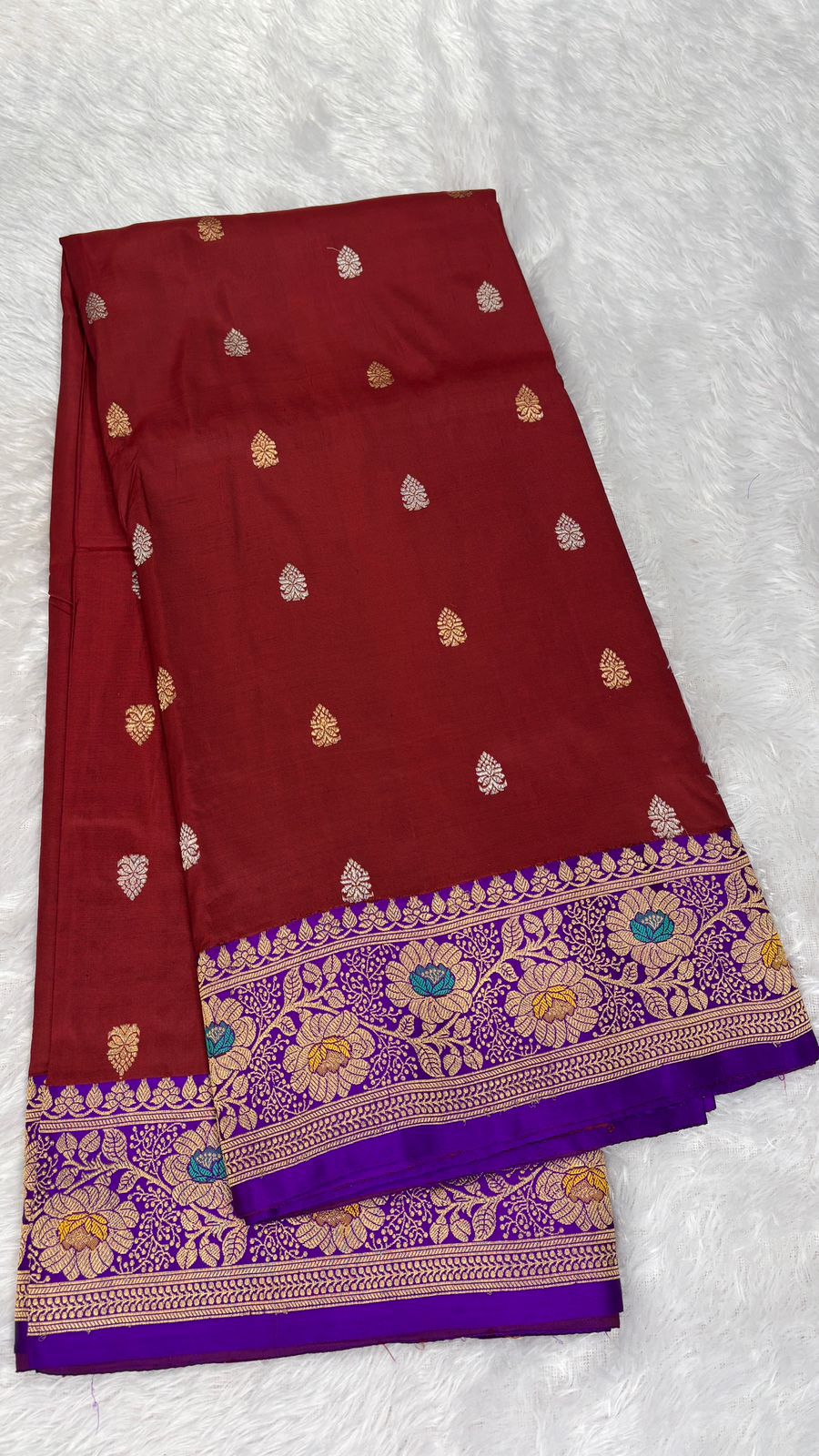 Regal Maroon & Purple Katan Kadhua Designer Silk Banarasi Saree with Sona-Chandi Boota & Meenakari