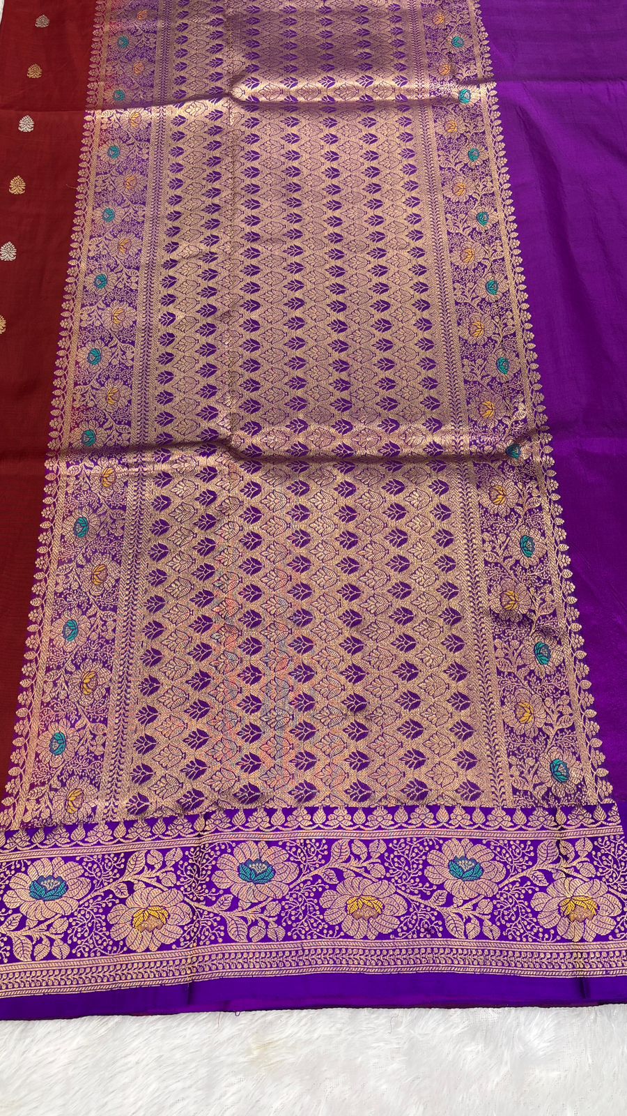 Regal Maroon & Purple Katan Kadhua Designer Silk Banarasi Saree with Sona-Chandi Boota & Meenakari