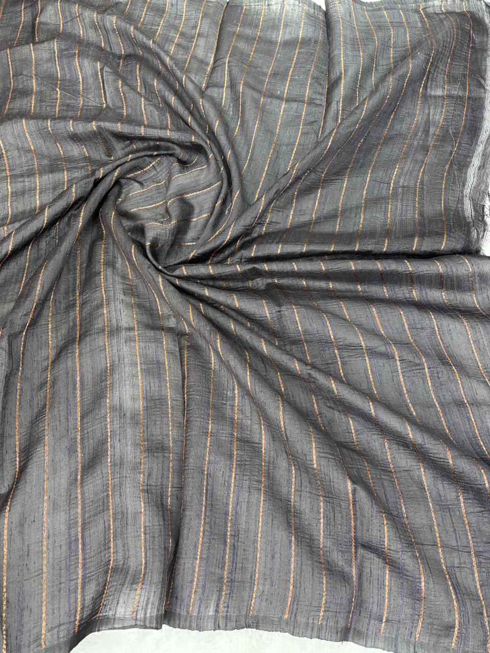 Sophisticated Midnight Black Raw Silk Tussar Handloom Saree with Pink Meenakari