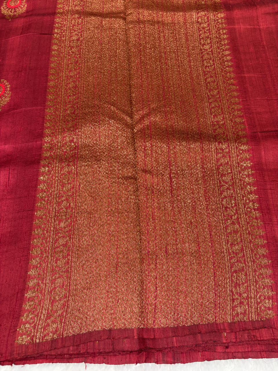 Exquisite Ruby Maroon Raw Silk Tussar Banarasi Saree with Meenakari Zari