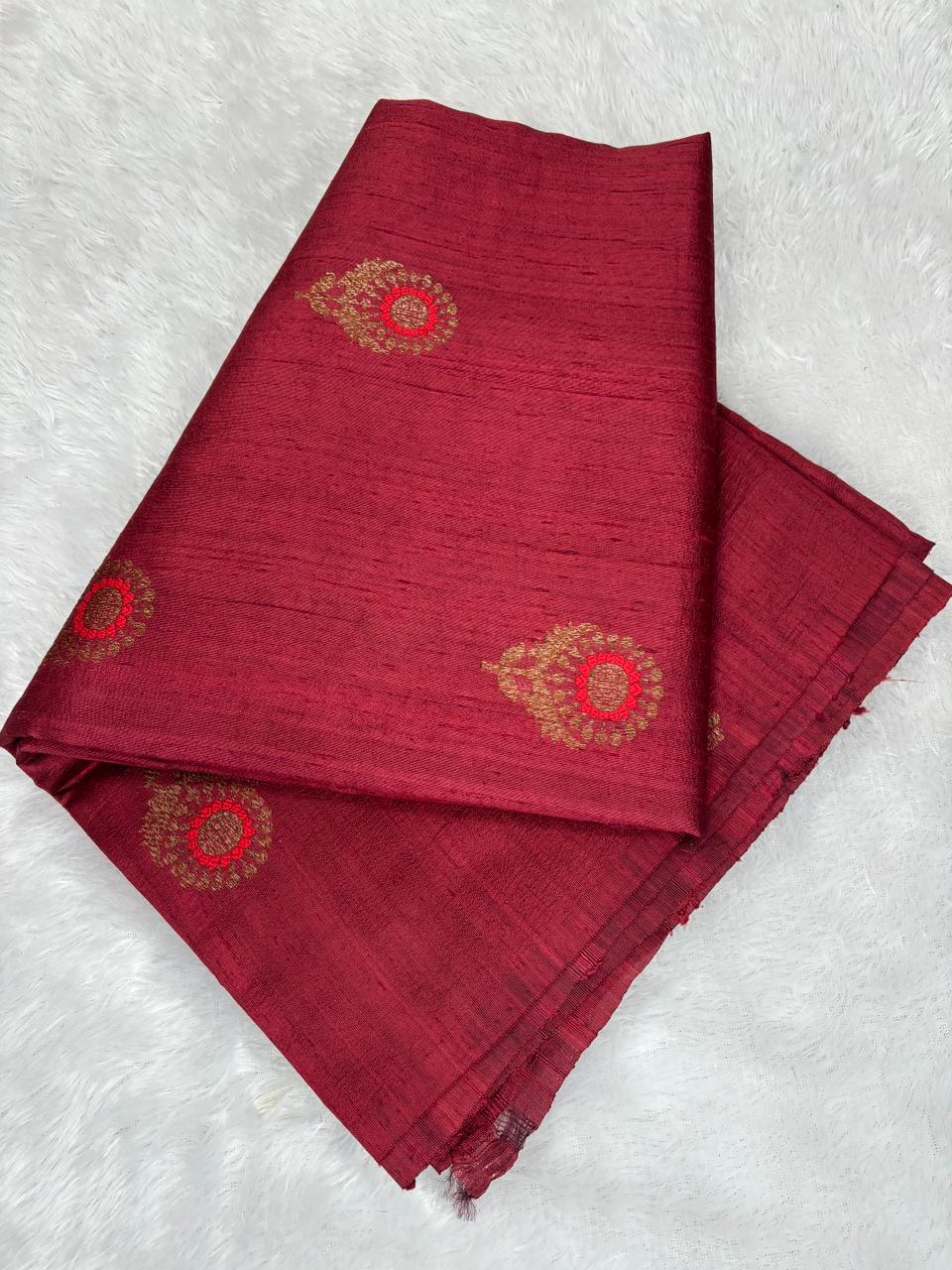 Exquisite Ruby Maroon Raw Silk Tussar Banarasi Saree with Meenakari Zari