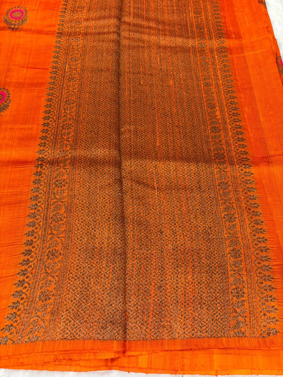 Radiant Sunset Orange Raw Silk Tussar Saree with Pink Meenakari Buta