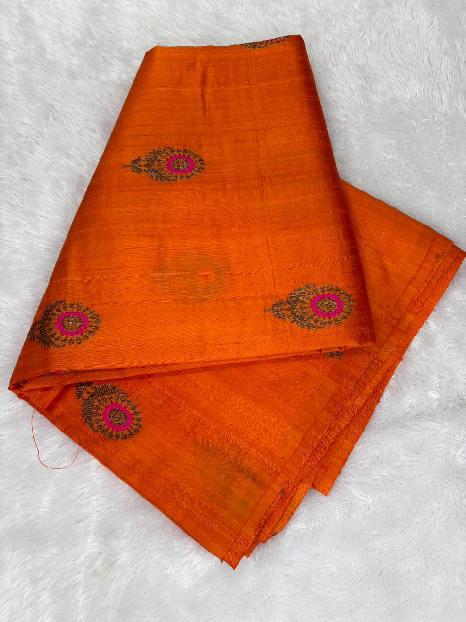 Radiant Sunset Orange Raw Silk Tussar Saree with Pink Meenakari Buta