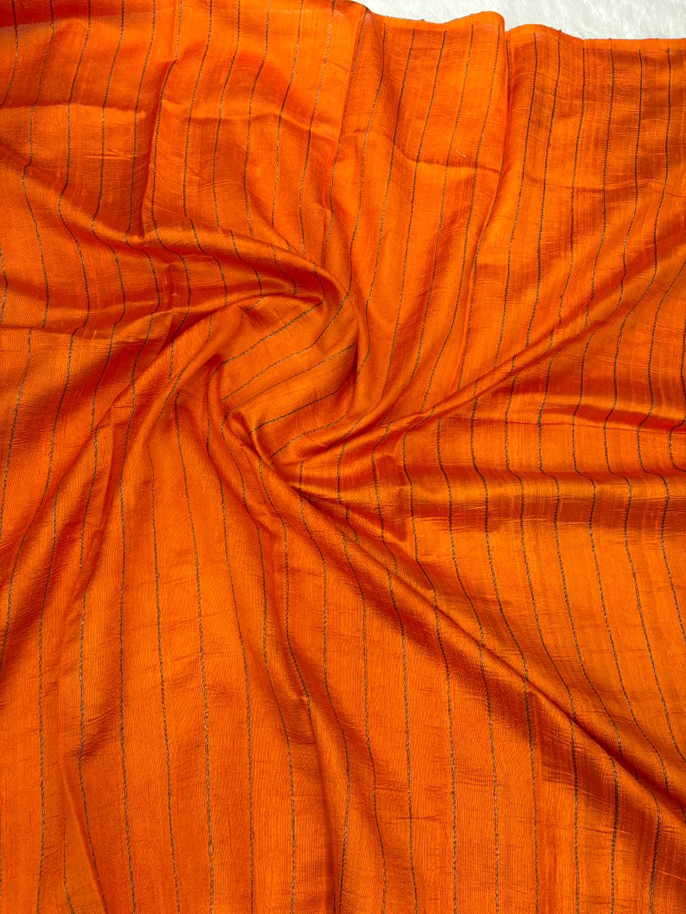 Radiant Sunset Orange Raw Silk Tussar Saree with Pink Meenakari Buta
