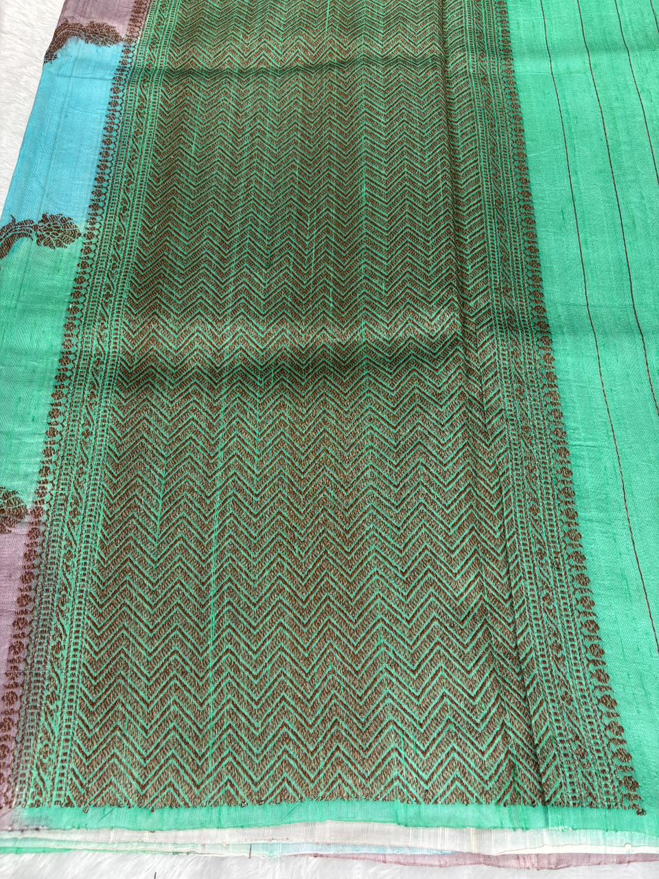 Verdant Green Rungkaat Raw Silk Tussar Handloom Saree with Antique Zari