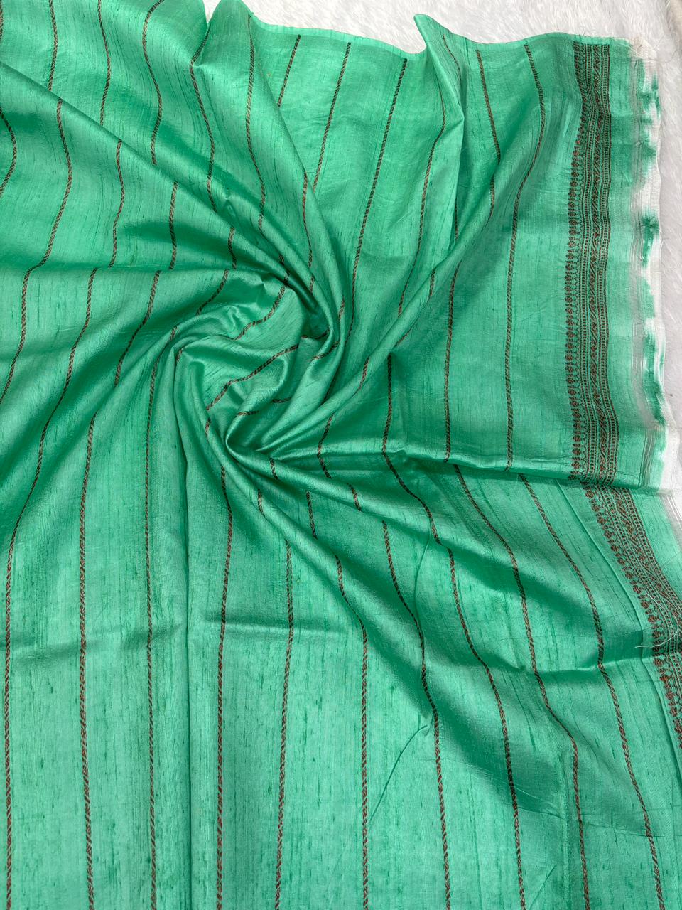 Verdant Green Rungkaat Raw Silk Tussar Handloom Saree with Antique Zari
