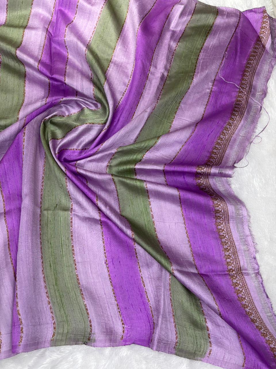 Mystic Purple & Olive Green Rungkaat Raw Silk Tussar Handloom Saree