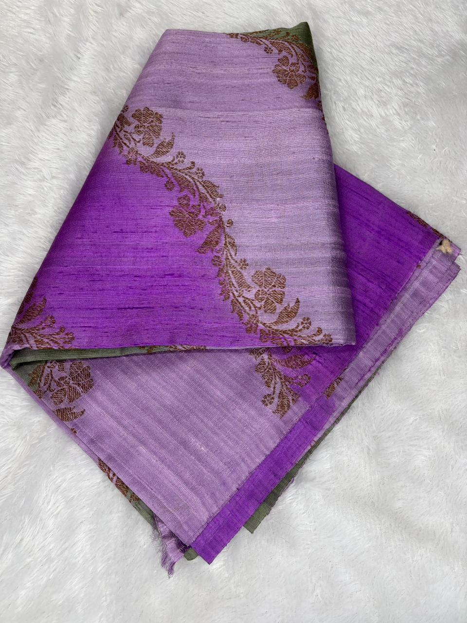 Mystic Purple & Olive Green Rungkaat Raw Silk Tussar Handloom Saree