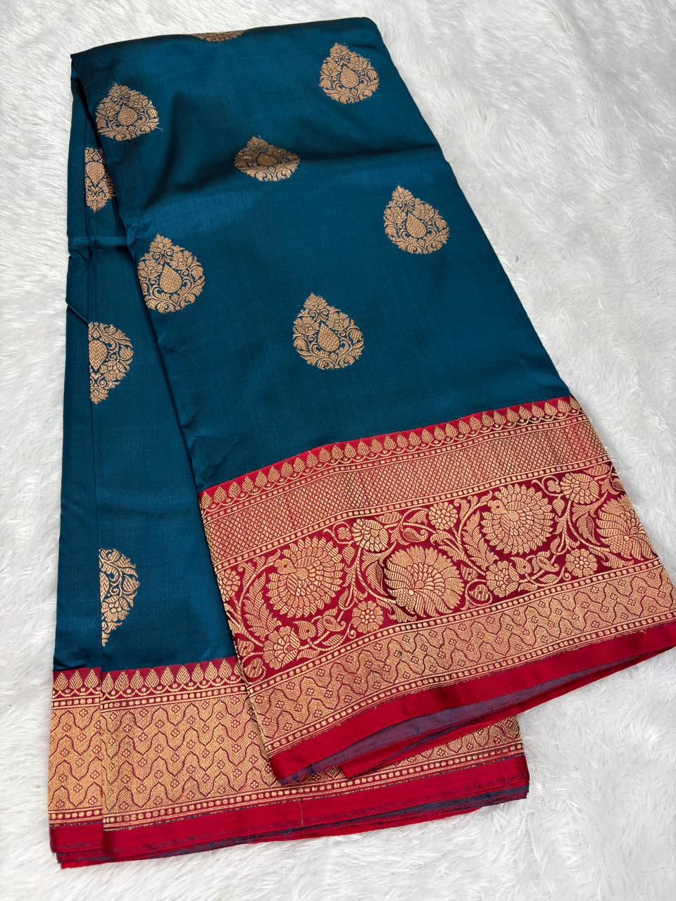 Regal Petrol Blue & Red Katan Kadhua Designer  Silk Banarasi Saree with Kadhua Paisley Boota