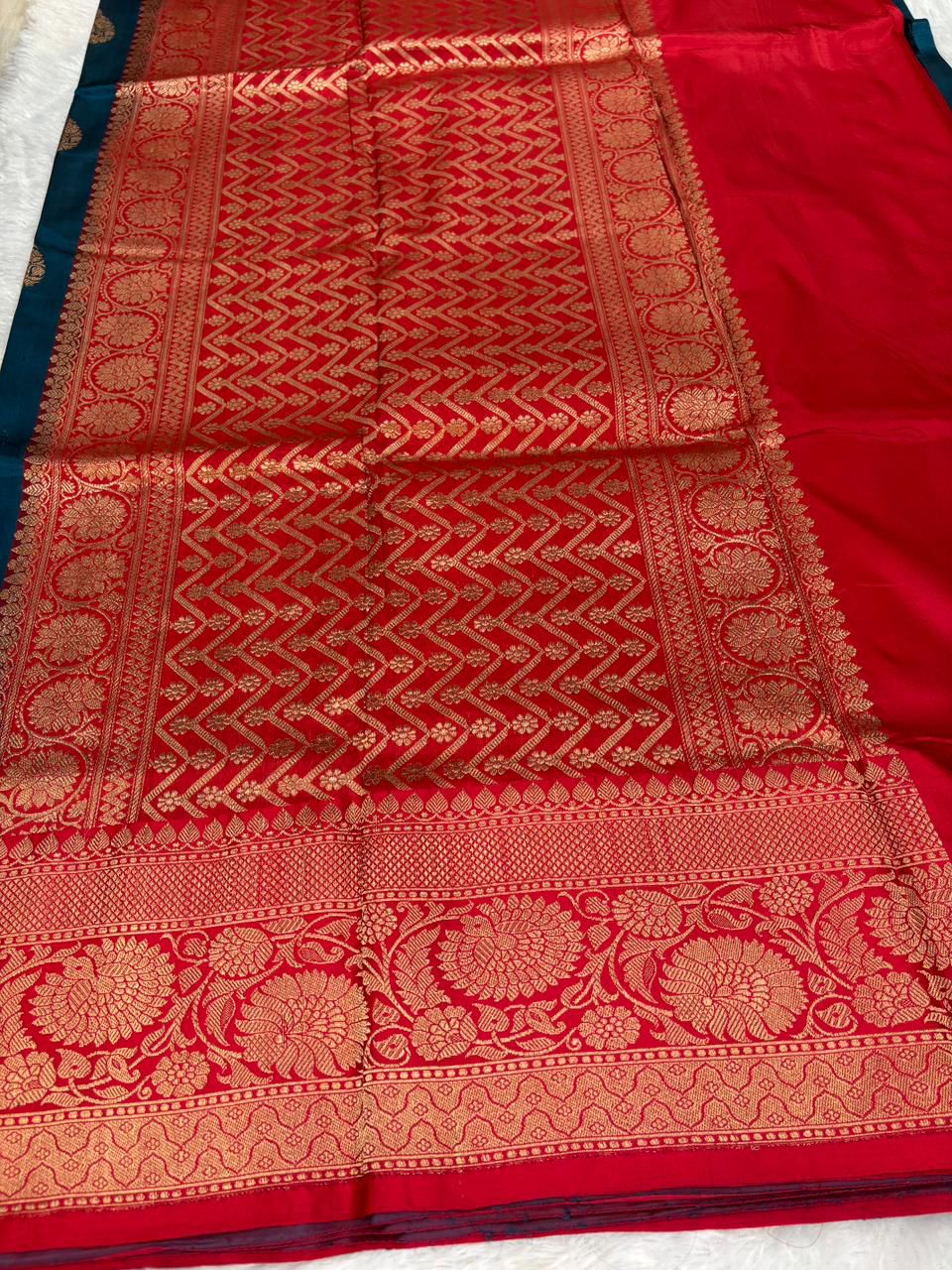Regal Petrol Blue & Red Katan Kadhua Designer  Silk Banarasi Saree with Kadhua Paisley Boota