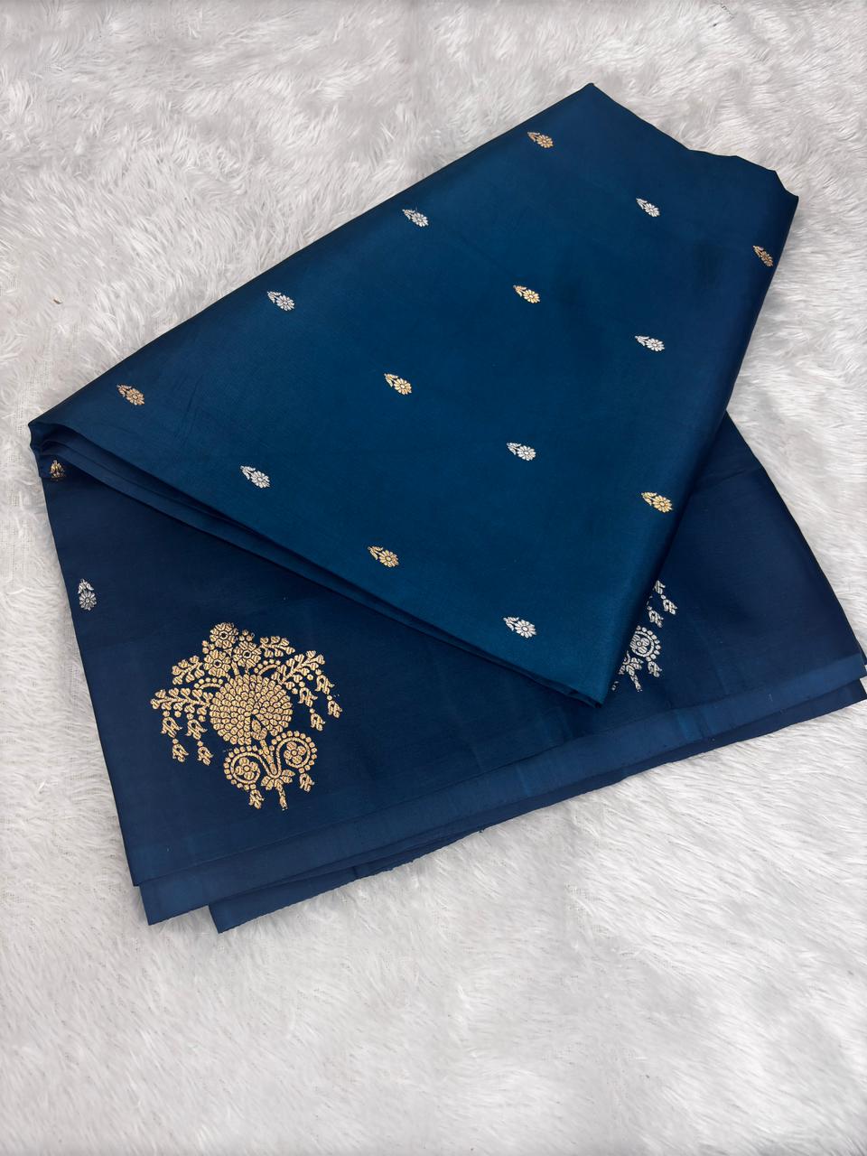 Royal Deep Teal Blue Pure Katan Light weight Kadhua Handloom Banarasi Saree with Intricate Kadhua Zari Work