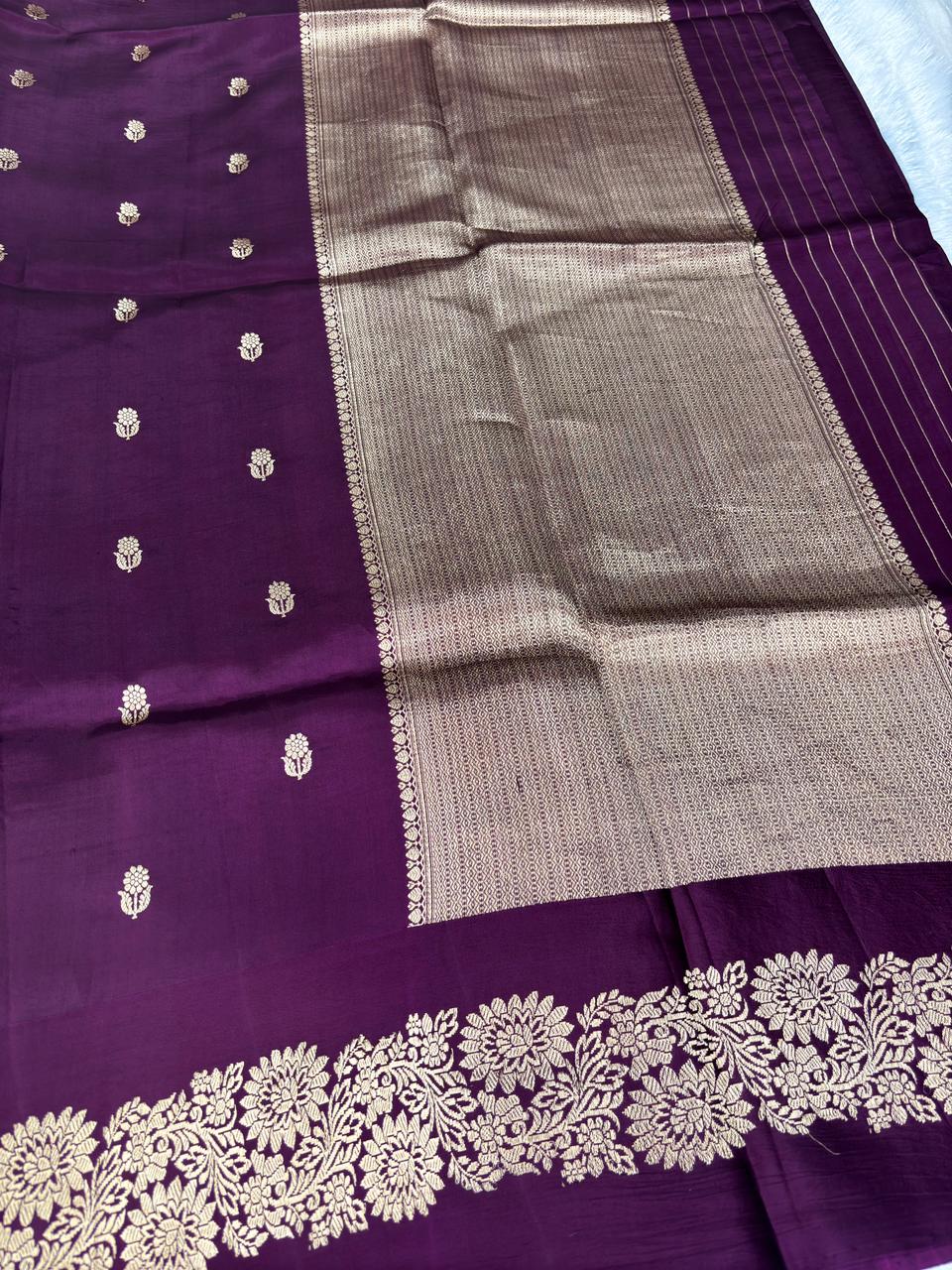 Luxurious Deep Wine (Jamuni) Pure Katan Light Weight Kadhua  Handloom Banarasi Saree with Intricate Floral Border