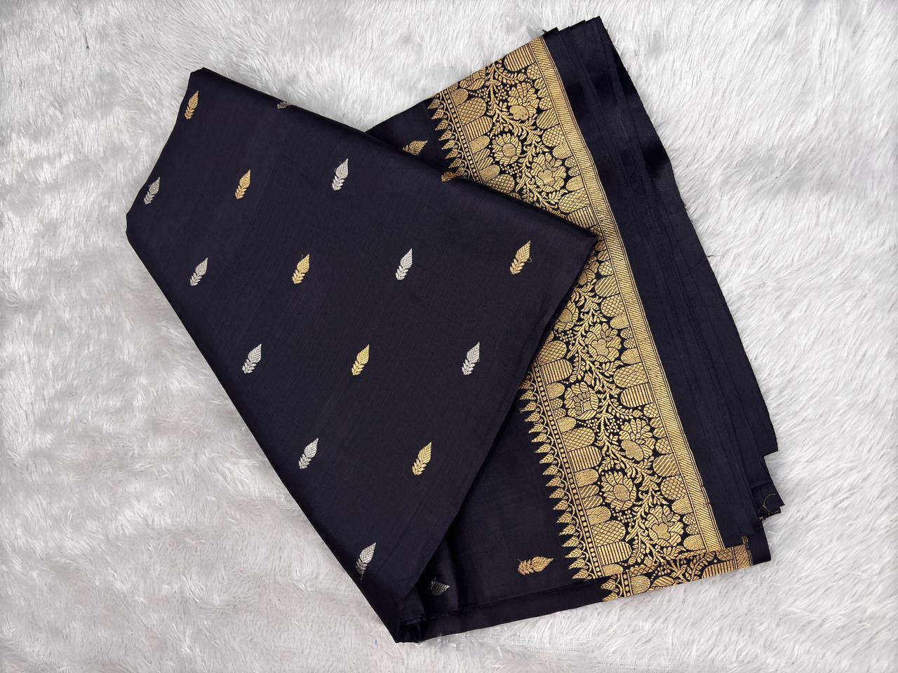 Midnight Black Pure Katan Light Weight Kadhua  Handloom Banarasi Saree with Antique Zari Kadhua Work