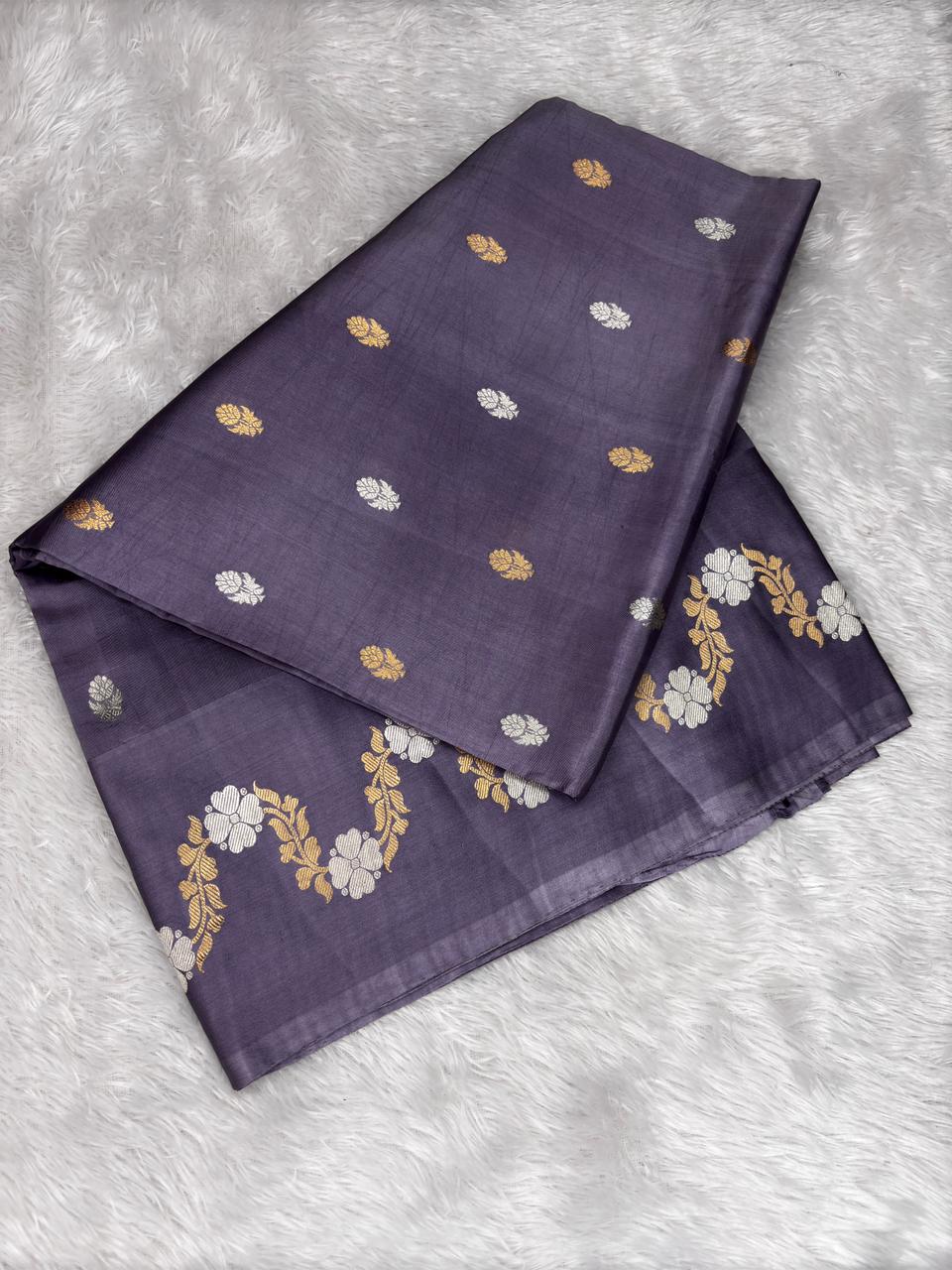 Elegant Mauve Slate Grey Pure Katan Light Weight Kadhua Handloom Banarasi Saree with Sona Rupa Kadhua Work