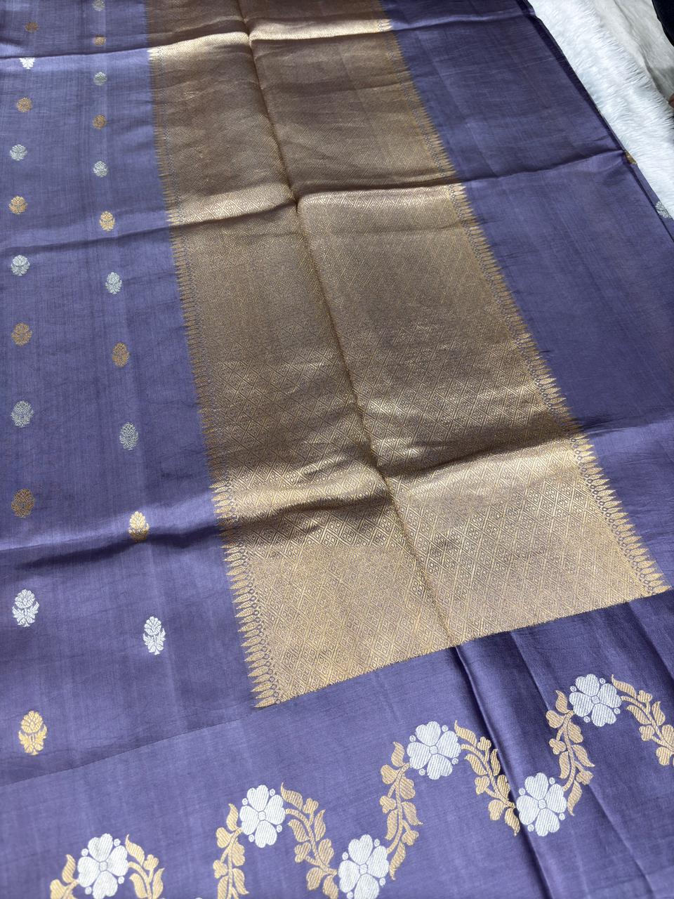 Elegant Mauve Slate Grey Pure Katan Light Weight Kadhua Handloom Banarasi Saree with Sona Rupa Kadhua Work