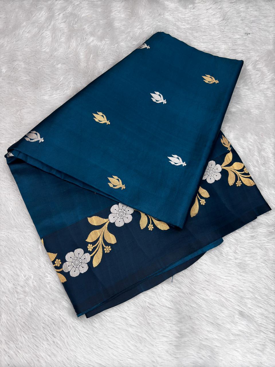 Regal Deep Teal Blue Pure Katan Light Weight Kadhua Handloom Banarasi Saree with Sona Rupa Kadhua Work
