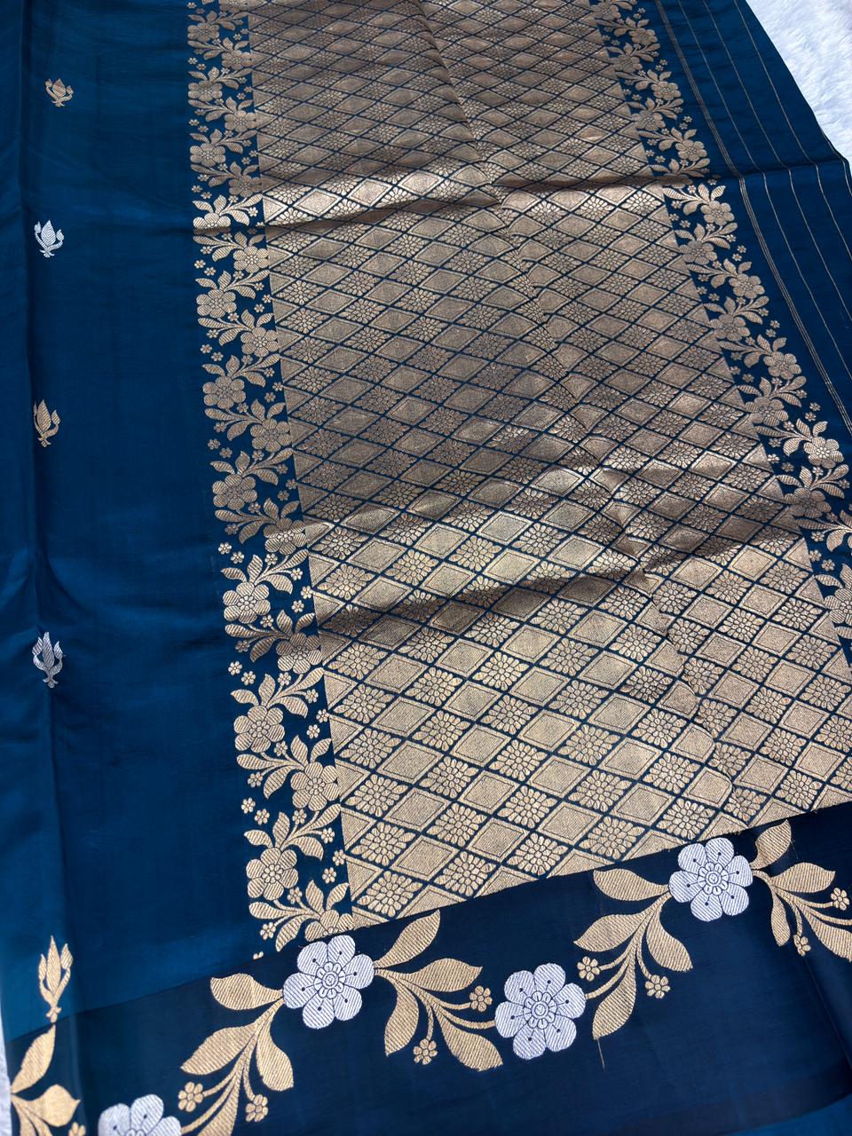 Regal Deep Teal Blue Pure Katan Light Weight Kadhua Handloom Banarasi Saree with Sona Rupa Kadhua Work