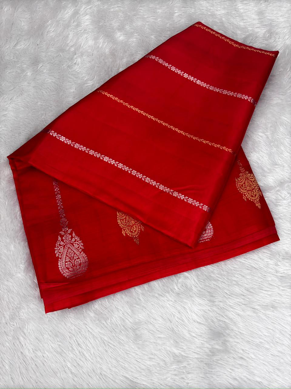 Radiant Red Pure Katan Light Weight Kadhua Handloom Banarasi Saree with Zari Stripes and Buta