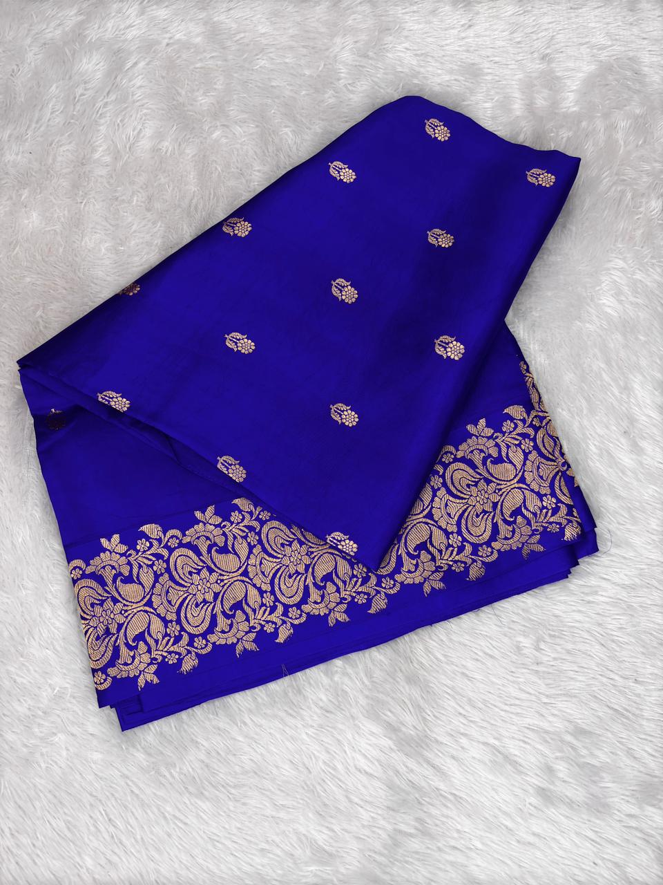 Majestic Royal Blue Pure Katan Light Weight Kadhua Handloom Banarasi Saree with Paisley Border