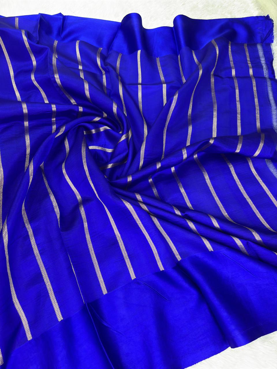 Majestic Royal Blue Pure Katan Light Weight Kadhua Handloom Banarasi Saree with Paisley Border