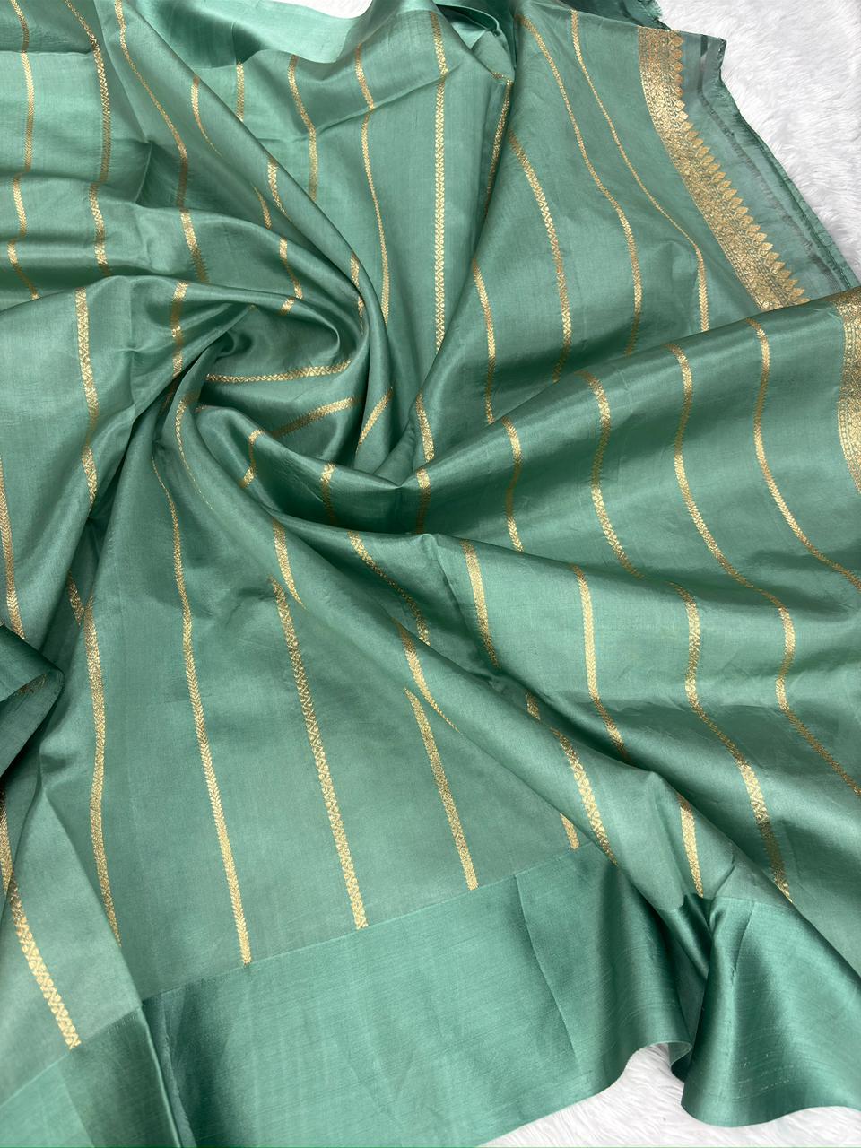 Ethereal Pastel Sage Green Pure Katan Light Weight Kadhua  Handloom Banarasi Saree with Sona Rupa Kadhua Work