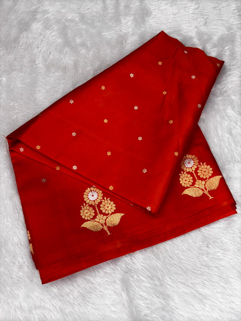 Vibrant Sunset Orange Pure Katan Lighat Weight Kadhua Handloom Banarasi Saree with Sona Rupa Corner Motifs