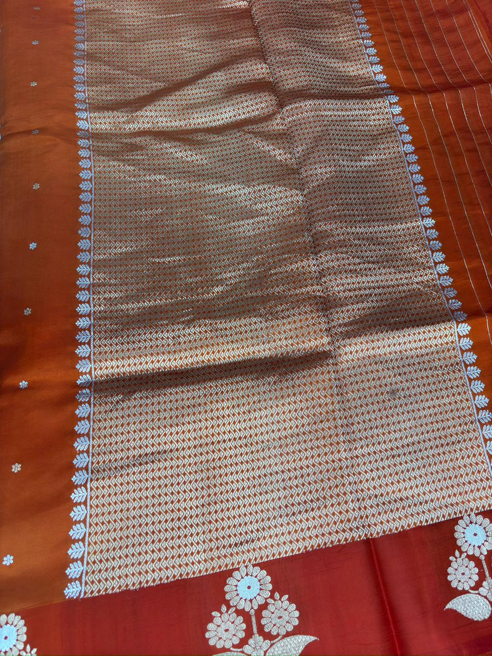 Vibrant Sunset Orange Pure Katan Lighat Weight Kadhua Handloom Banarasi Saree with Sona Rupa Corner Motifs