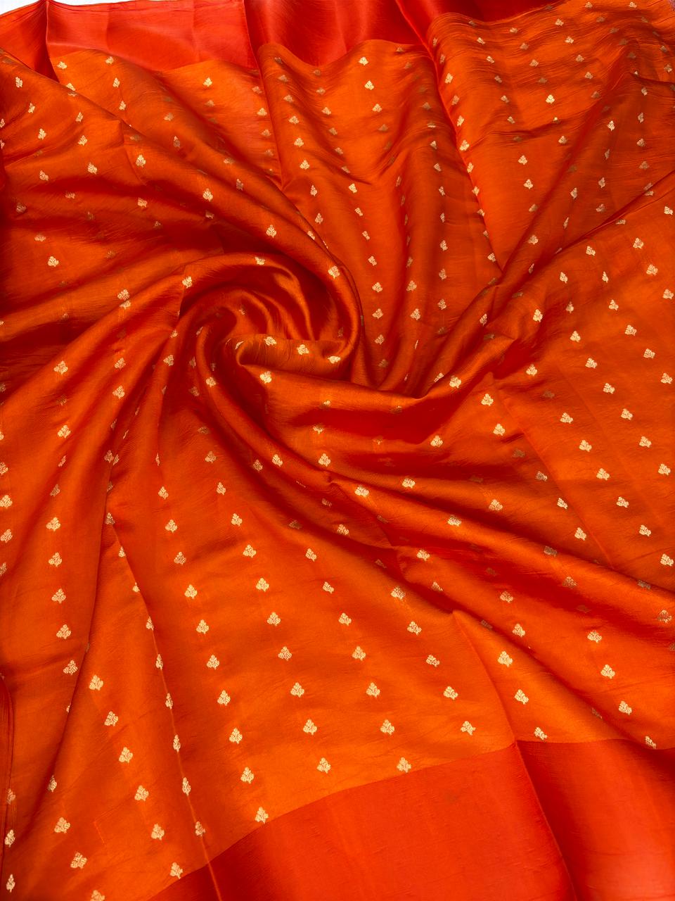 Vibrant Sunset Orange Pure Katan Lighat Weight Kadhua Handloom Banarasi Saree with Sona Rupa Corner Motifs