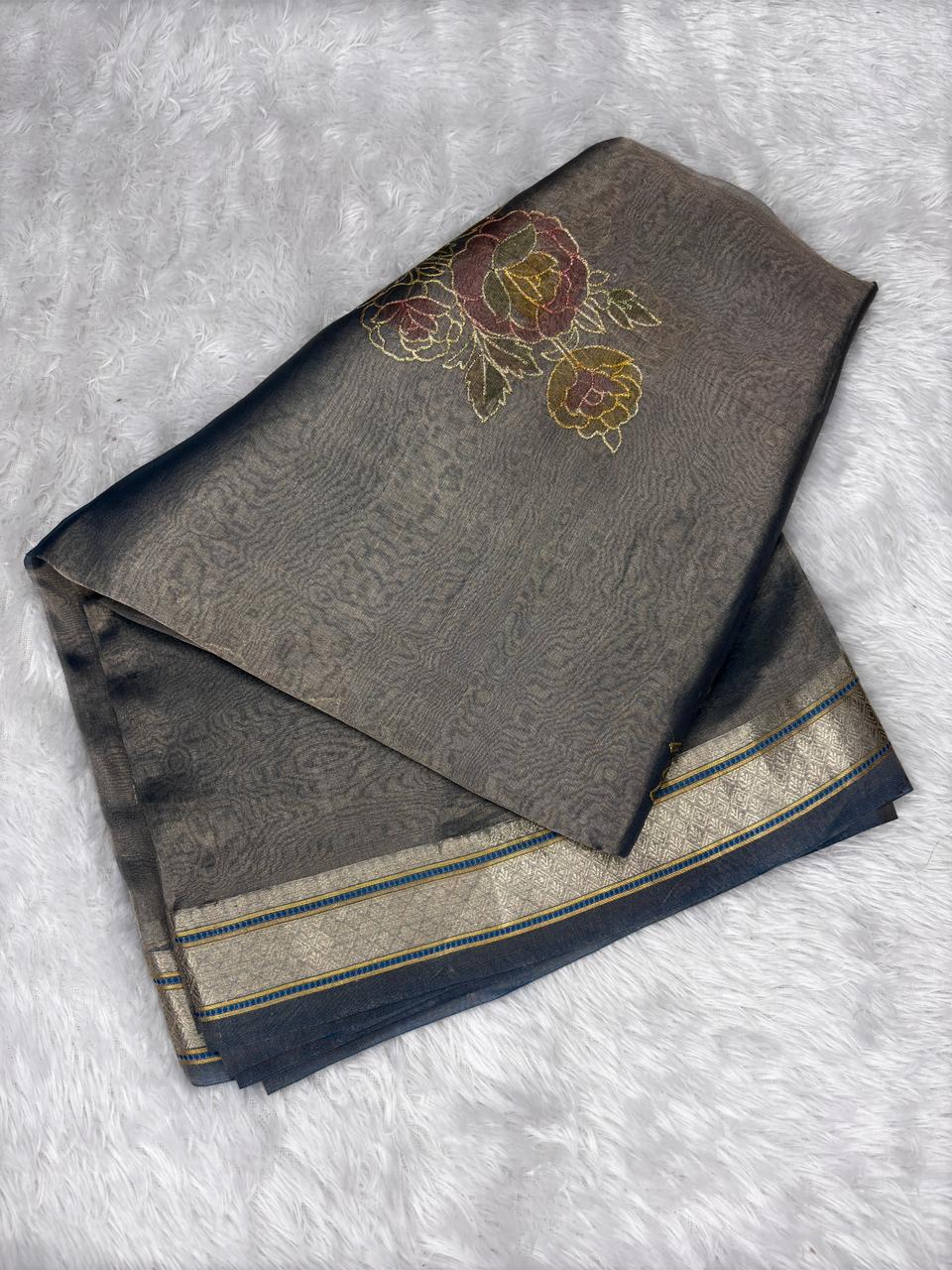 Premium Steel Blue Banarasi Hand Work Saree