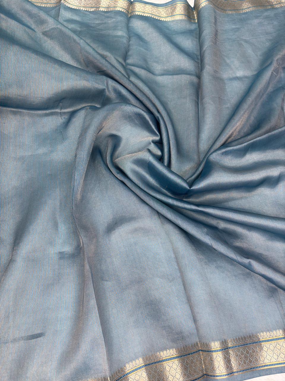 Premium Steel Blue Banarasi Hand Work Saree