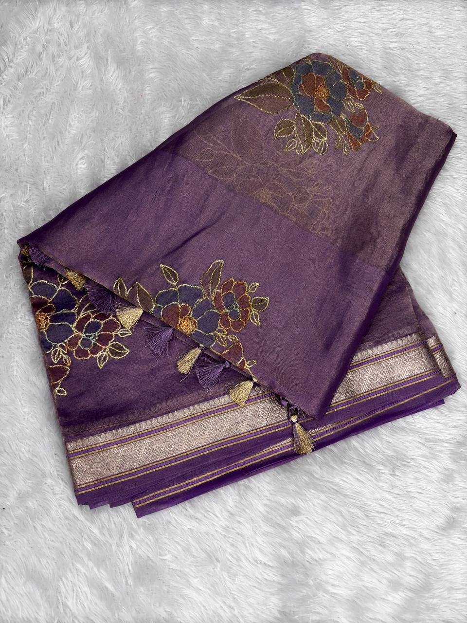The Violet Aura: Banarasi Hand Work Tissue Saree
