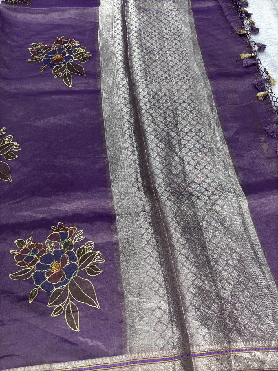 The Violet Aura: Banarasi Hand Work Tissue Saree