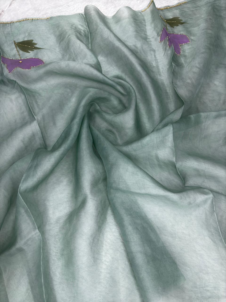 Sage Green Banarasi Hand Work Saree with Hand-Embellished Floral Print