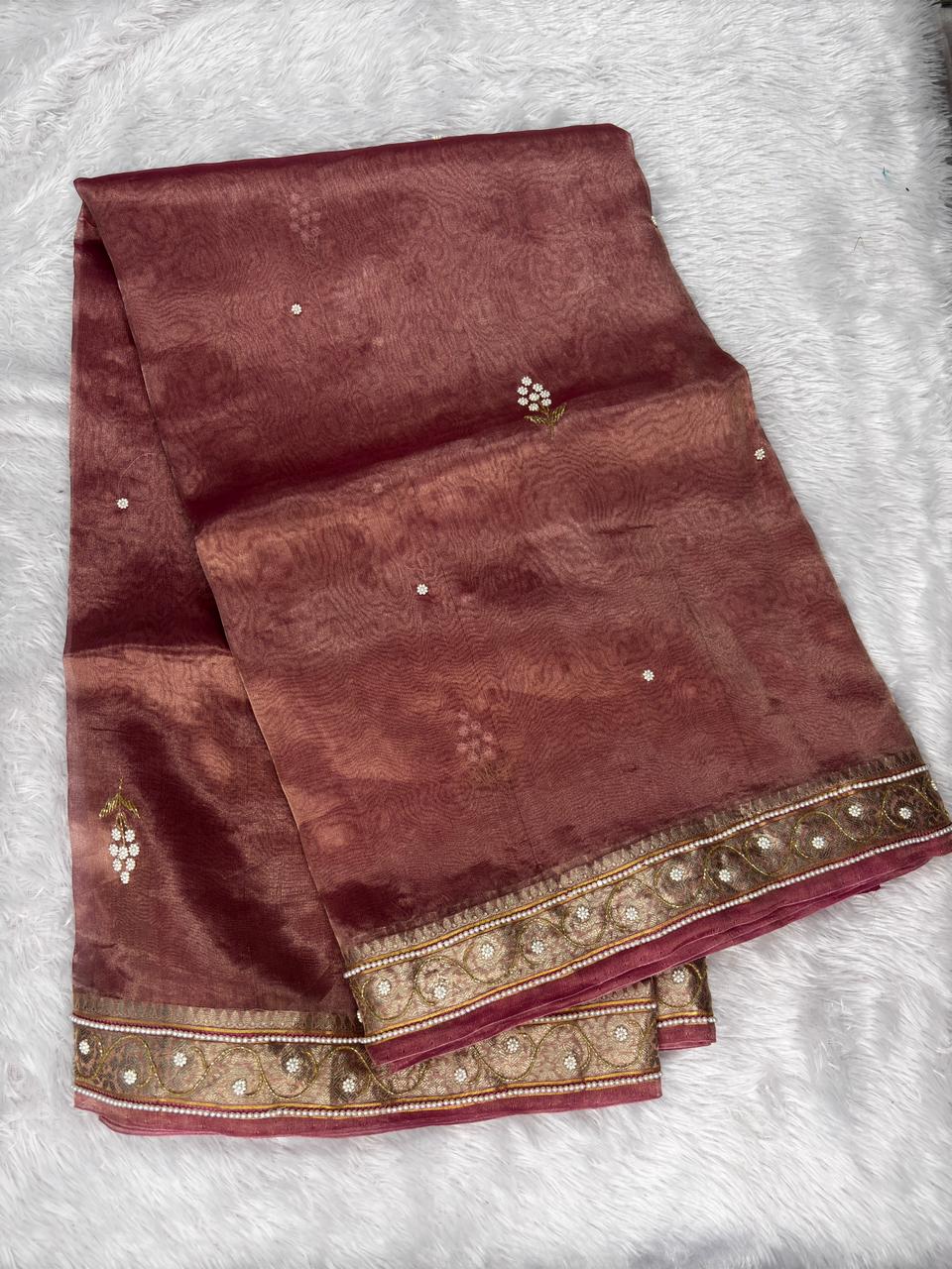 Dusty Rose BanarasiHand Work Saree with Hand-Embroidered Pearl Work