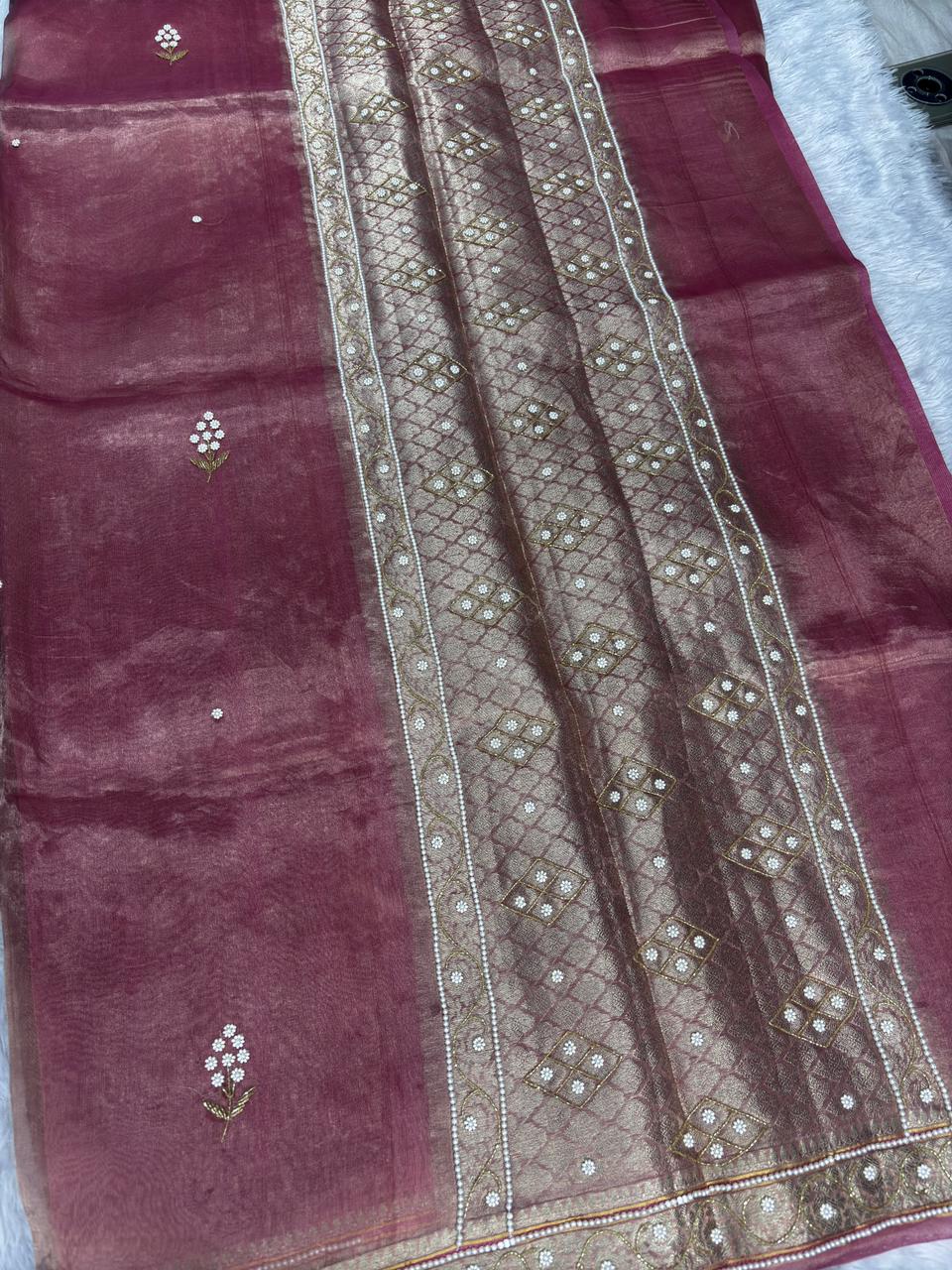 Dusty Rose BanarasiHand Work Saree with Hand-Embroidered Pearl Work