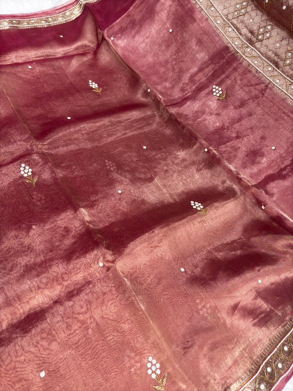 Dusty Rose BanarasiHand Work Saree with Hand-Embroidered Pearl Work
