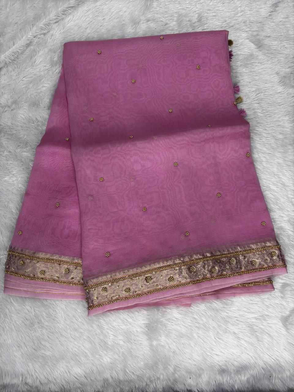 The Blush Sparkle: Baby Pink Banarasi Hand Work Saree with Sequin Butis