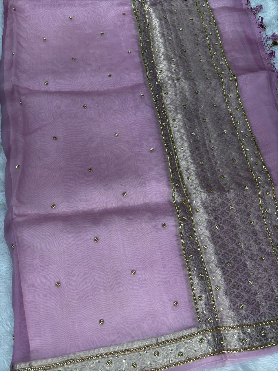 The Blush Sparkle: Baby Pink Banarasi Hand Work Saree with Sequin Butis