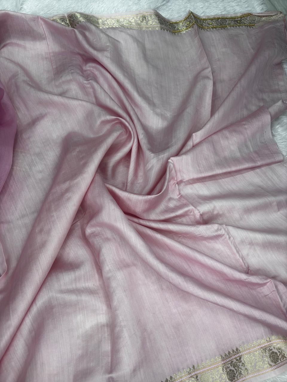 The Blush Sparkle: Baby Pink Banarasi Hand Work Saree with Sequin Butis