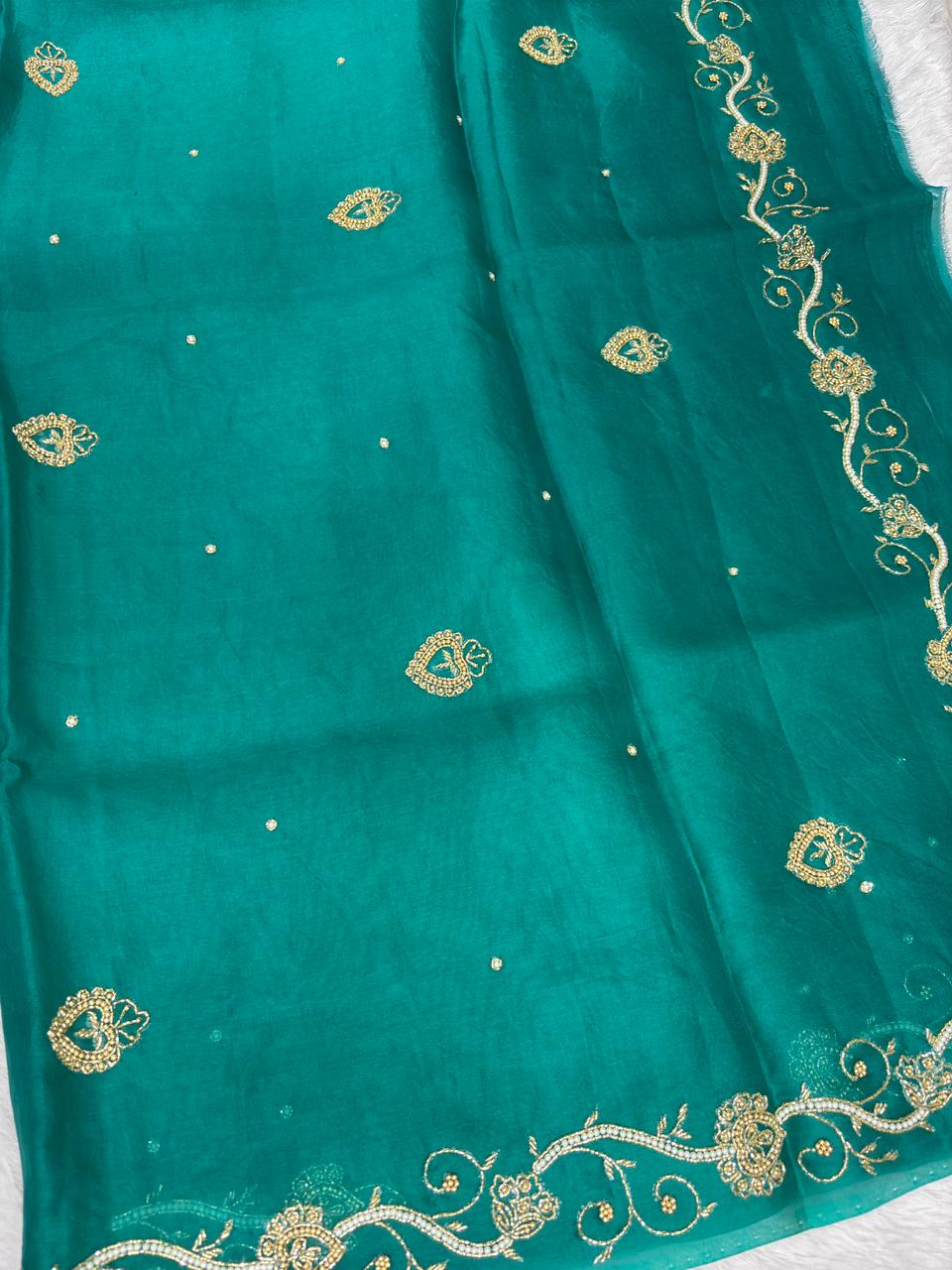 The Emerald Vine: Teal Banarasi Hand Work Tissue Silk Saree