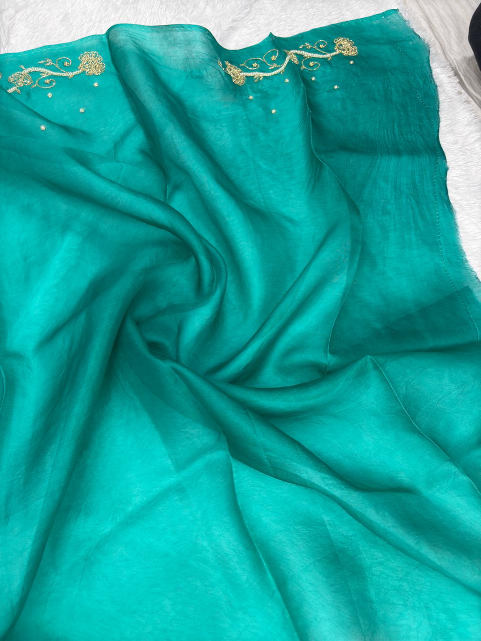 The Emerald Vine: Teal Banarasi Hand Work Tissue Silk Saree
