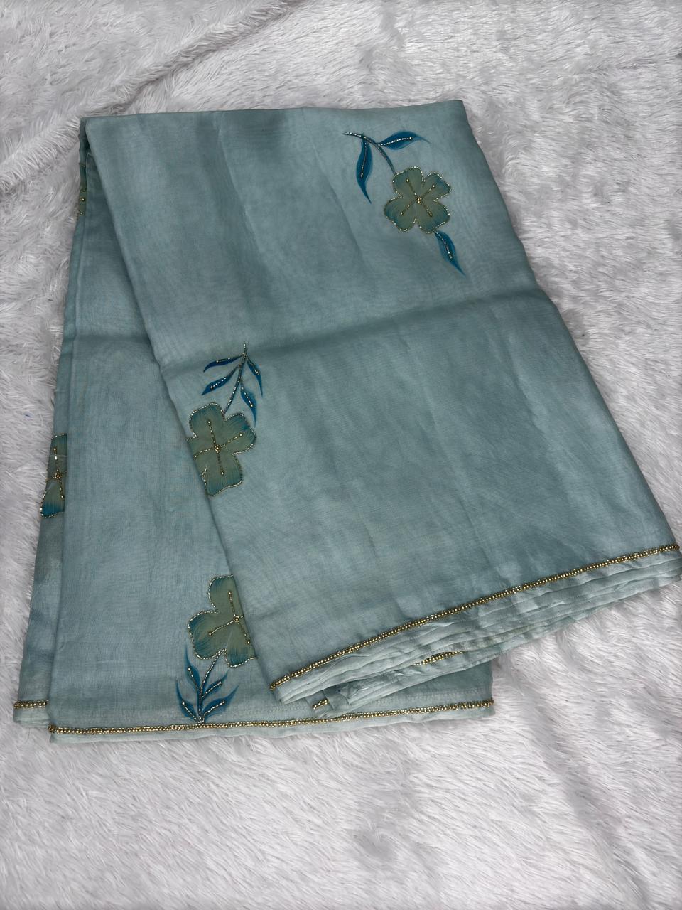 Ice Blue Banransi Hand Work Saree with Floral Vines