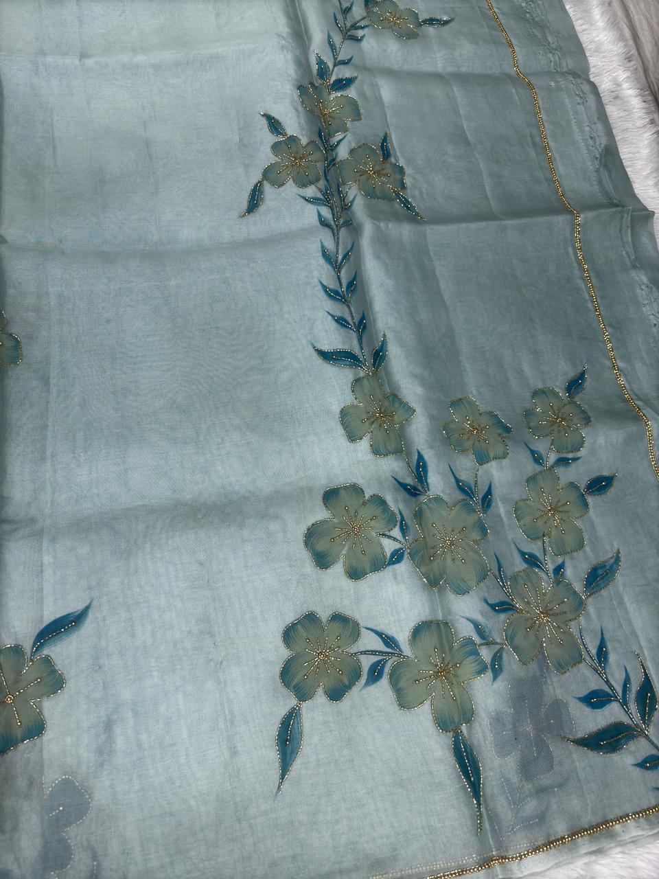 Ice Blue Banransi Hand Work Saree with Floral Vines