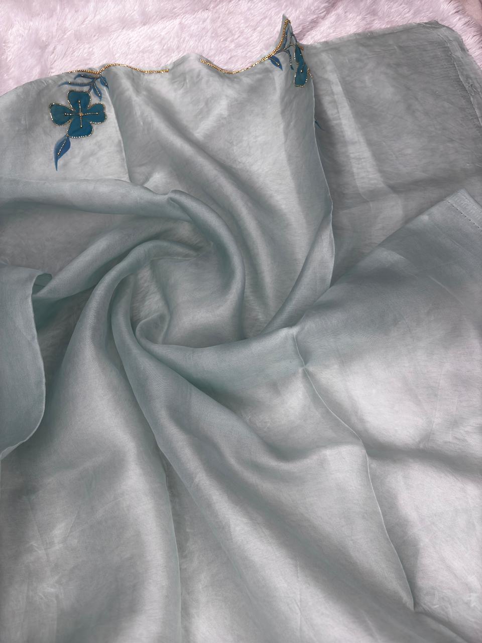 Ice Blue Banransi Hand Work Saree with Floral Vines