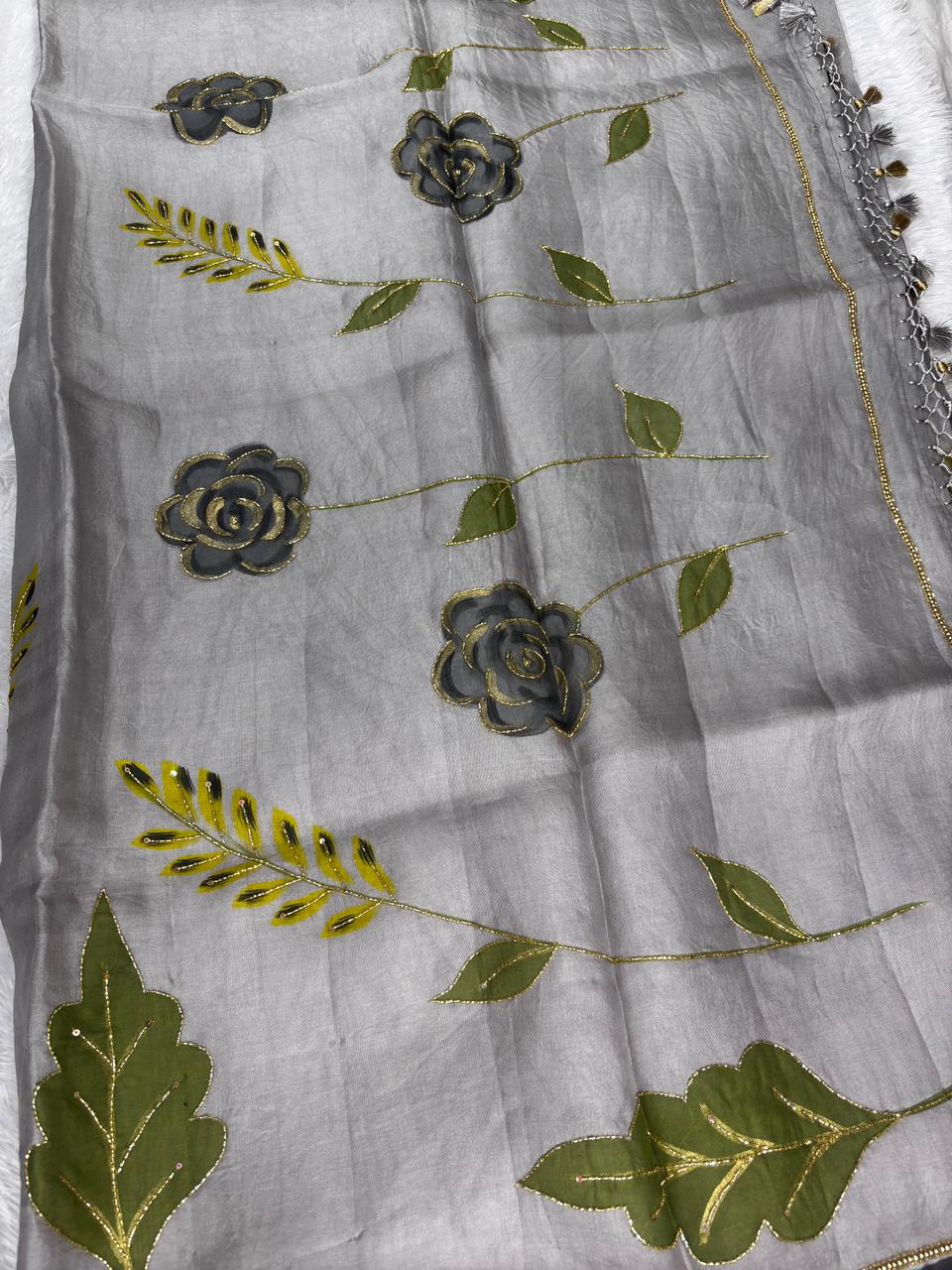 Silver Grey Banarasi Hand Work Saree with Hand-Appliqué Roses